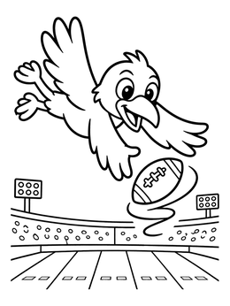 A happy raven coloring page showing a cartoon bird catching a football in a stadium.