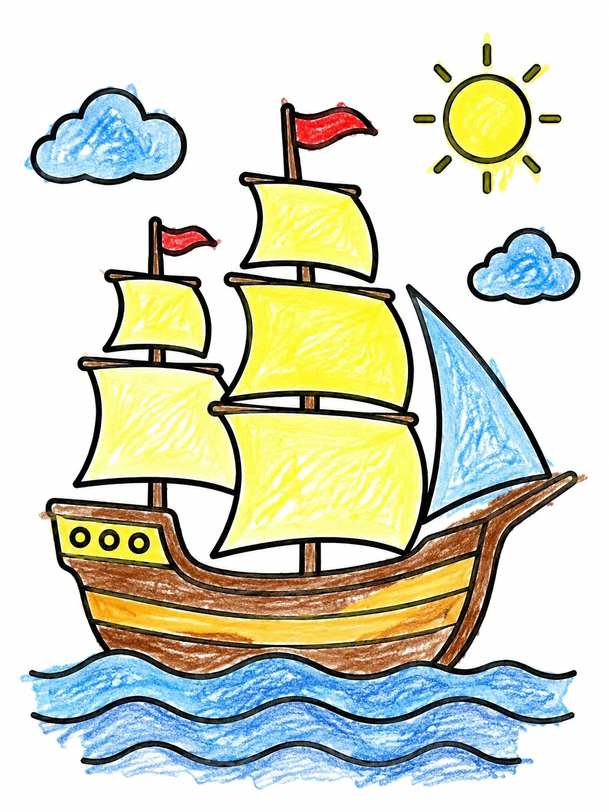 Colored example of the Cartoon Sailing Ship On The Sea coloring page
