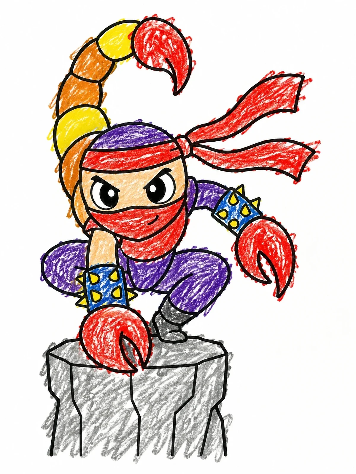 Colored example of the Cartoon Scorpion Ninja On Pillar coloring page