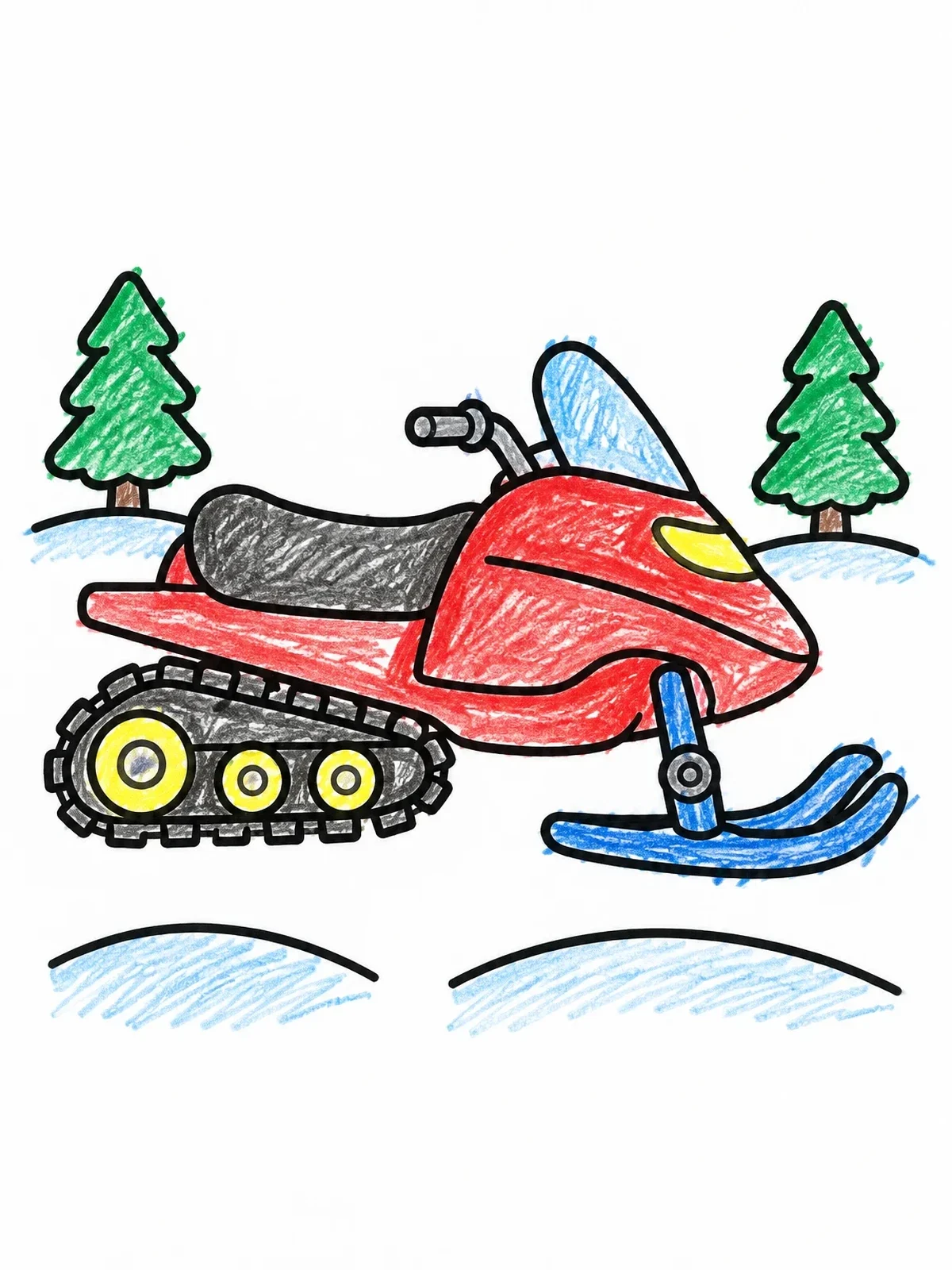 Colored example of the Cartoon Snowmobile In The Snow coloring page
