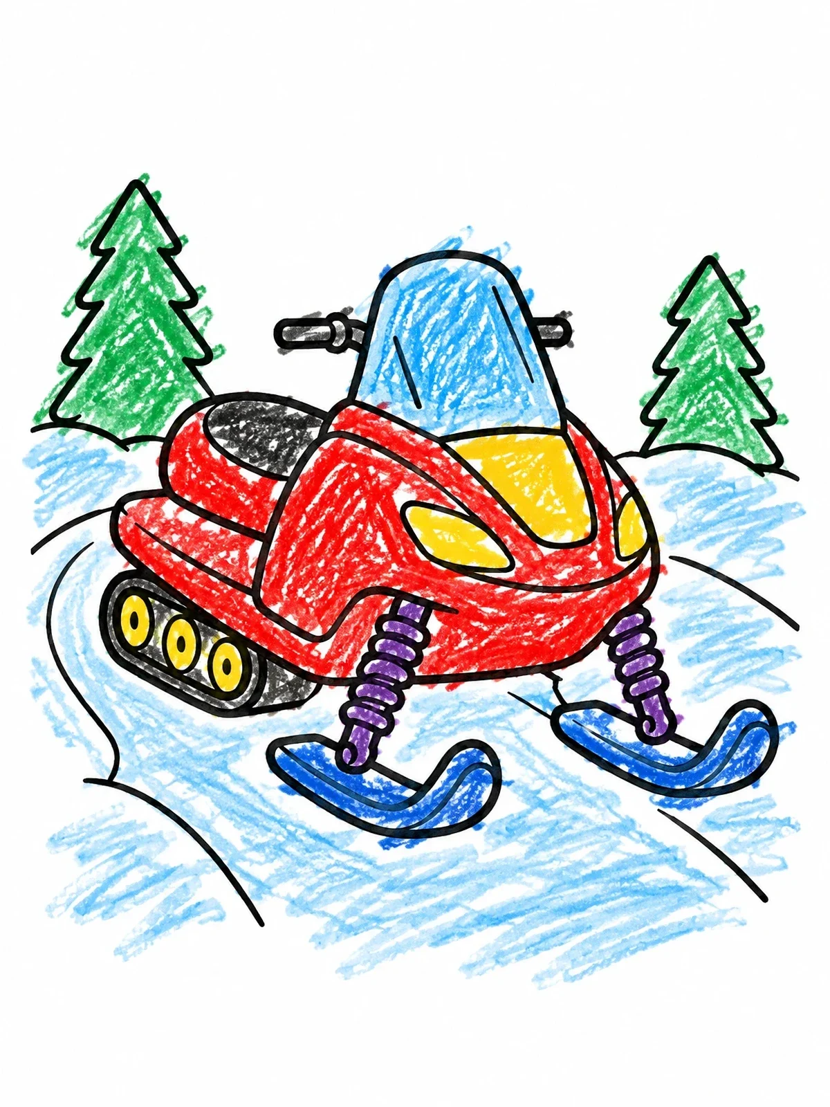 Colored example of the Cartoon Snowmobile On A Snowy Path coloring page