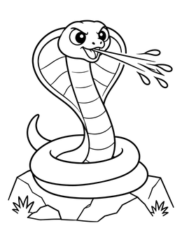 A friendly cartoon cobra coloring page showing the snake spitting venom from a rock.
