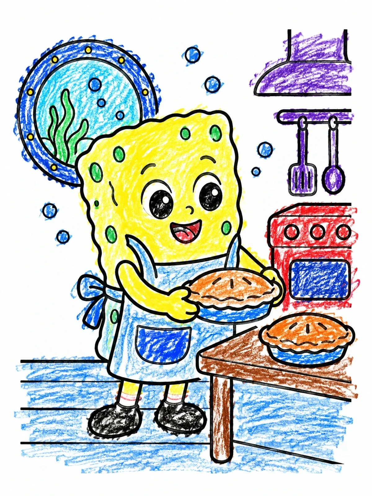 Colored example of the Cartoon Sponge Baking Kitchen Pies coloring page