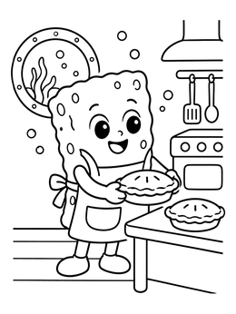 A cheerful cartoon character on a sponge coloring page holding freshly baked pies in an underwater galley.