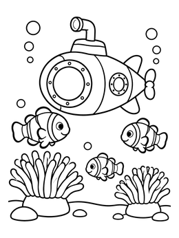 Free printable Cartoon Submarine And Clownfish Underwater coloring page