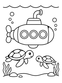 Free printable Cartoon Submarine And Sea Turtles coloring page