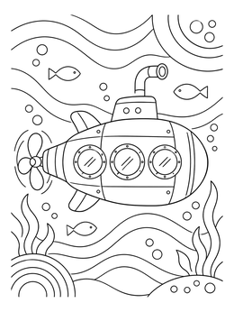 A cartoon submarine coloring page with portholes swimming among fish and sea plants.