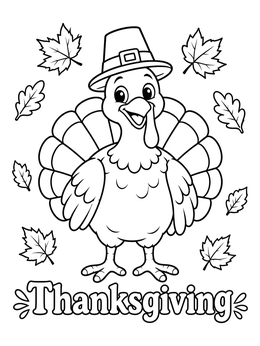 A thanksgiving symbols coloring page featuring a happy turkey in a pilgrim hat with falling leaves.