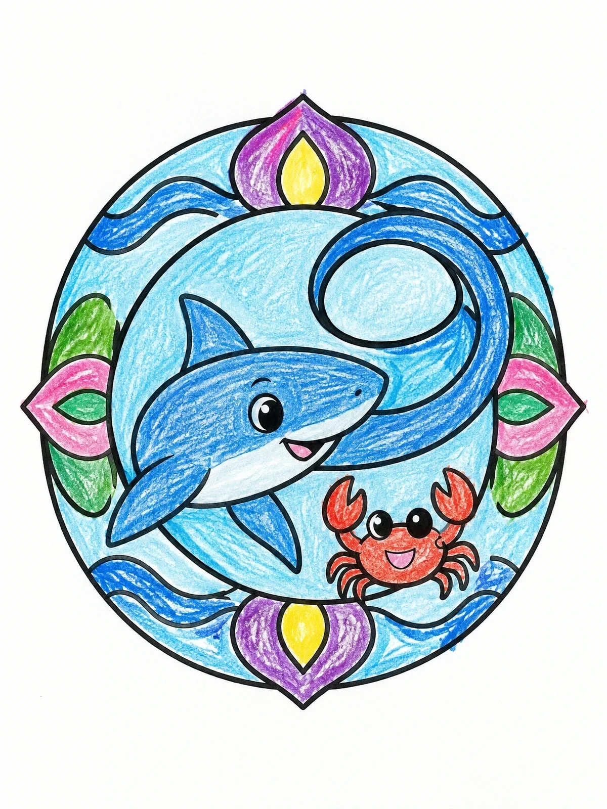 Colored example of the Cartoon Thresher Shark And Crab Mandala coloring page