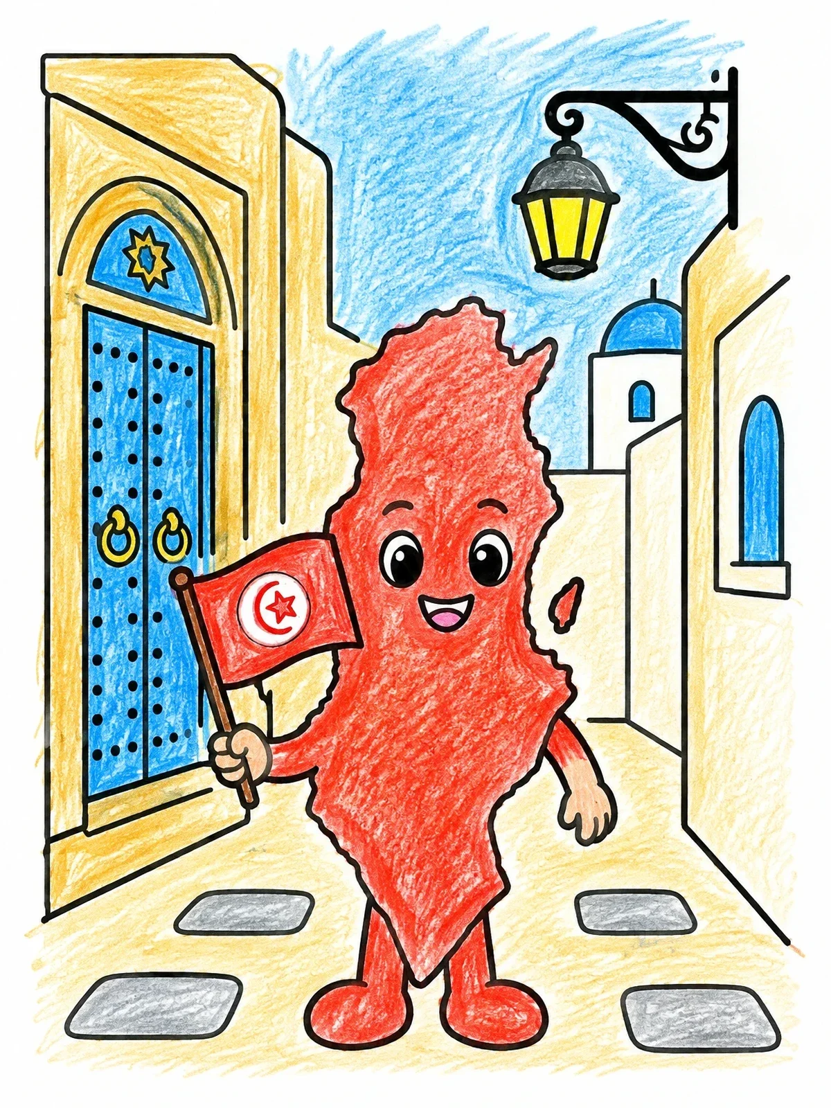 Colored example of the Cartoon Tunisia Map In Medina Alley coloring page