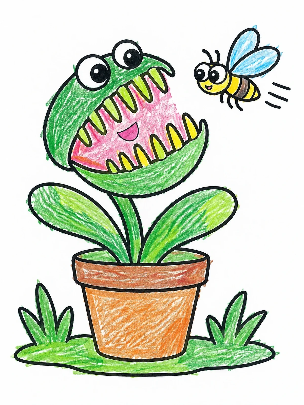 Colored example of the Cartoon Venus Flytrap And Little Bee coloring page