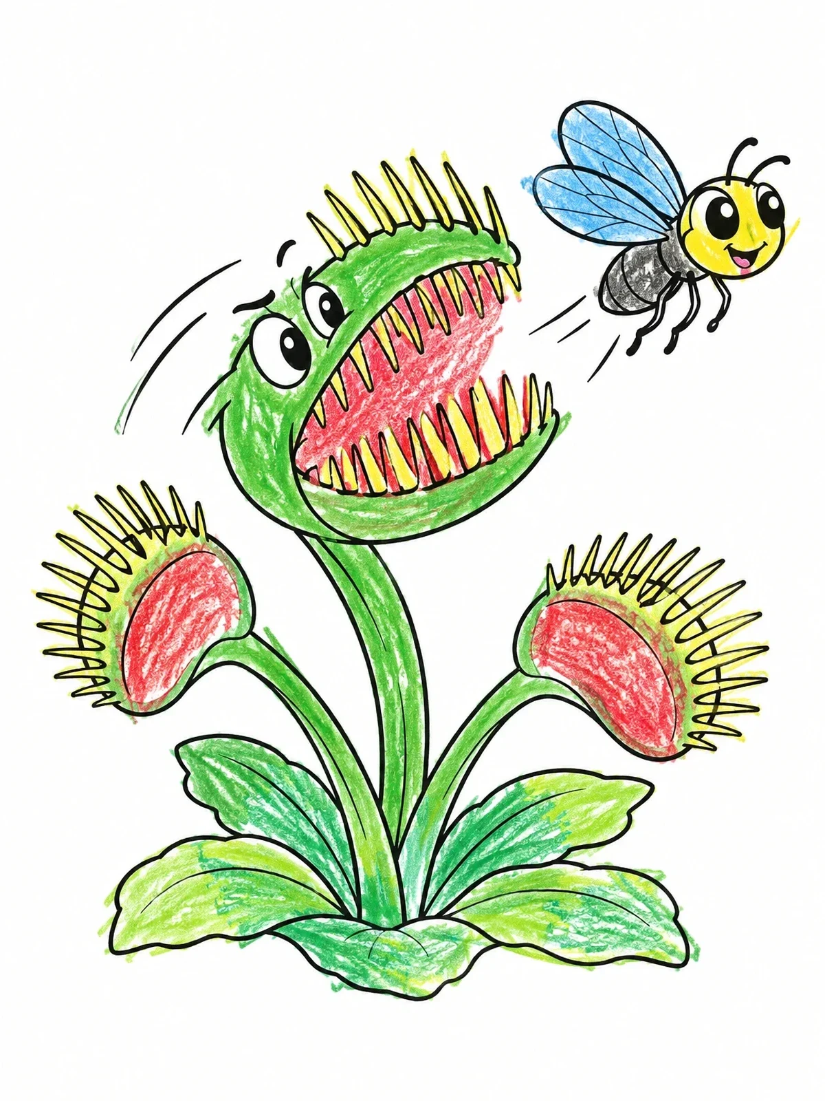Colored example of the Playful Venus Flytrap Chasing A Little Fly coloring page