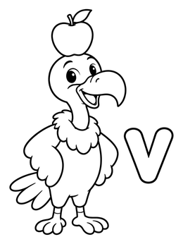 A cheerful vulture coloring page with an apple on its head next to the letter V.