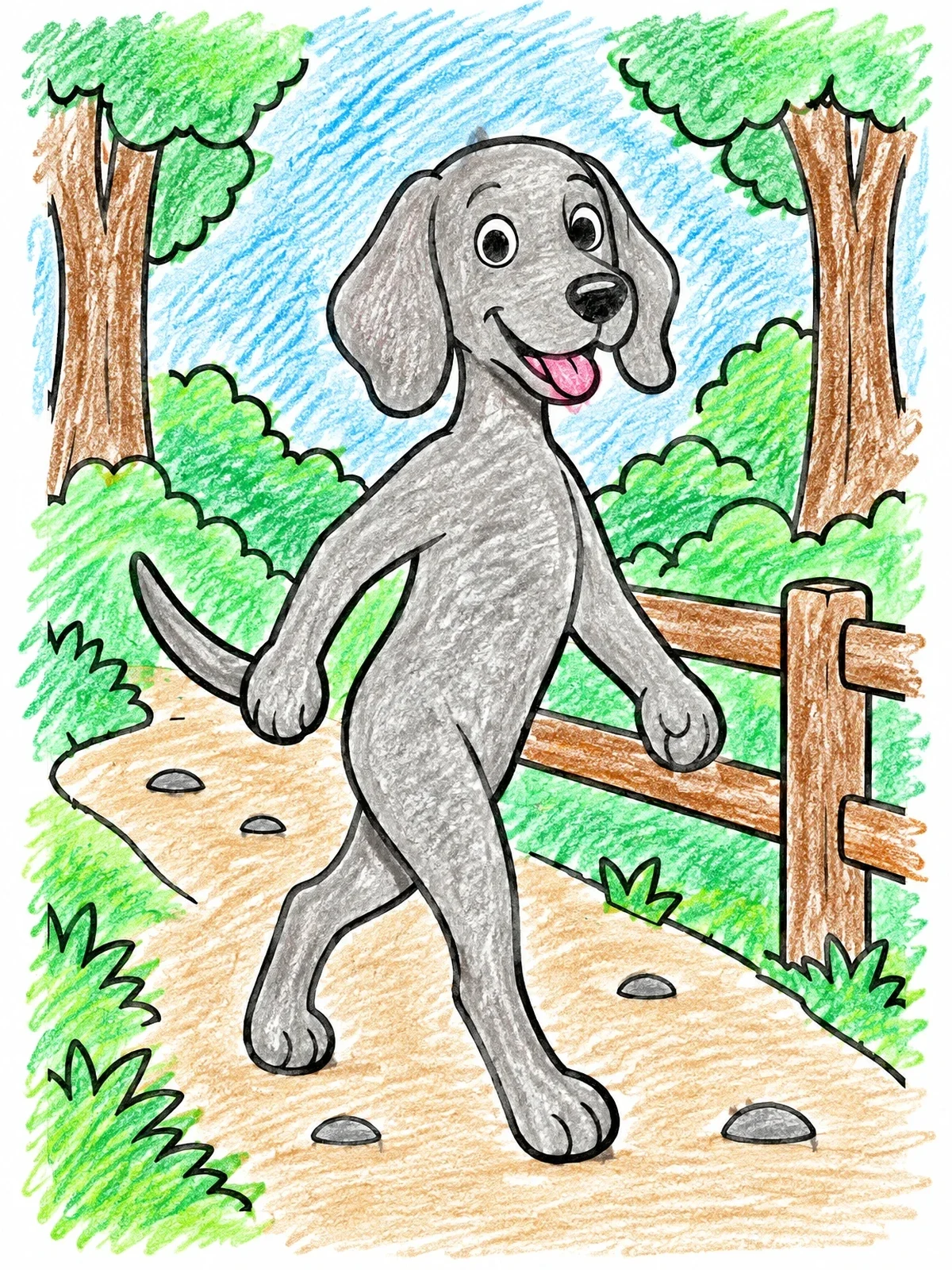 Colored example of the Happy Cartoon Dog On Forest Trail coloring page