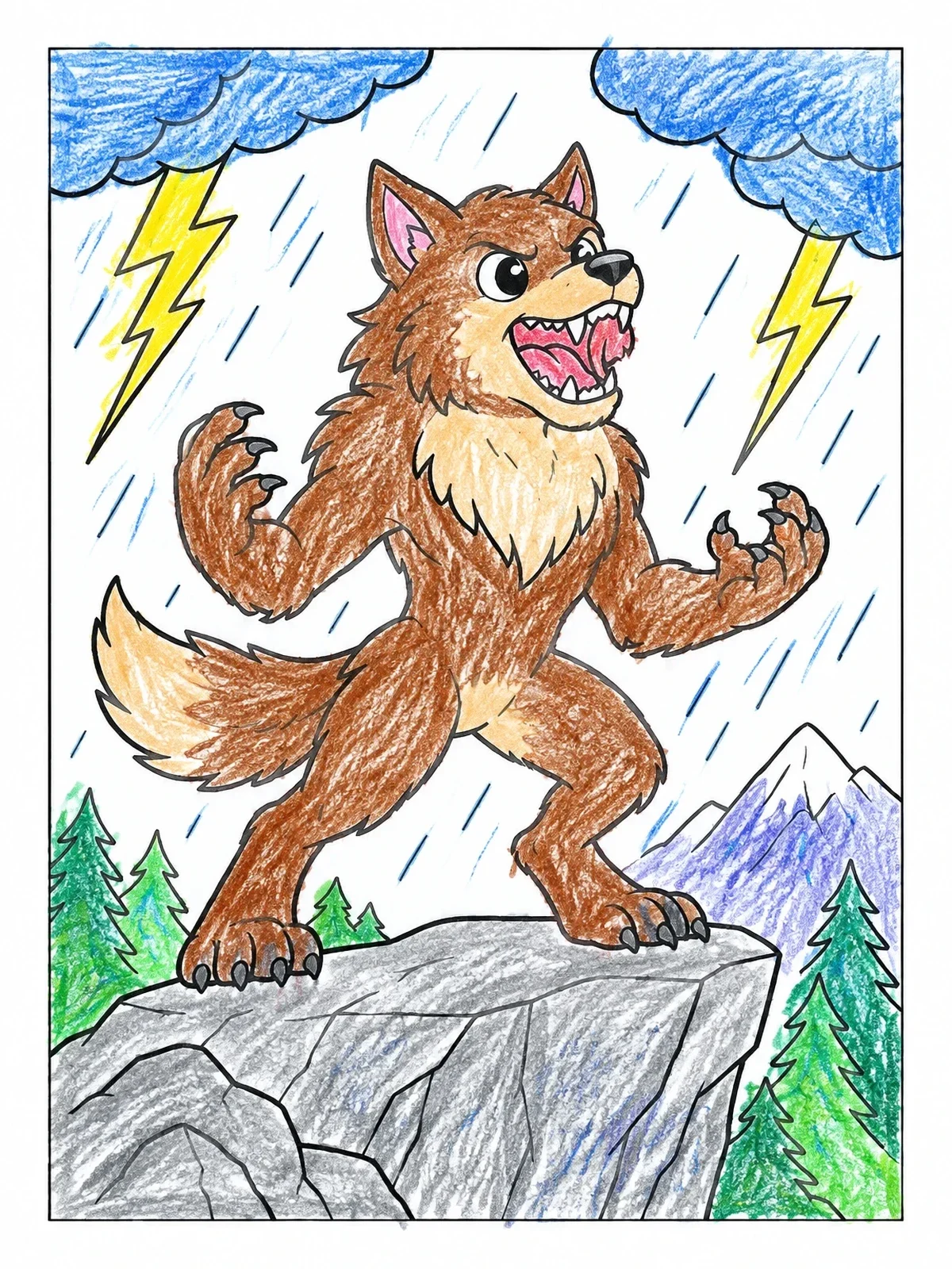Colored example of the Cartoon Werewolf In A Thunderstorm coloring page