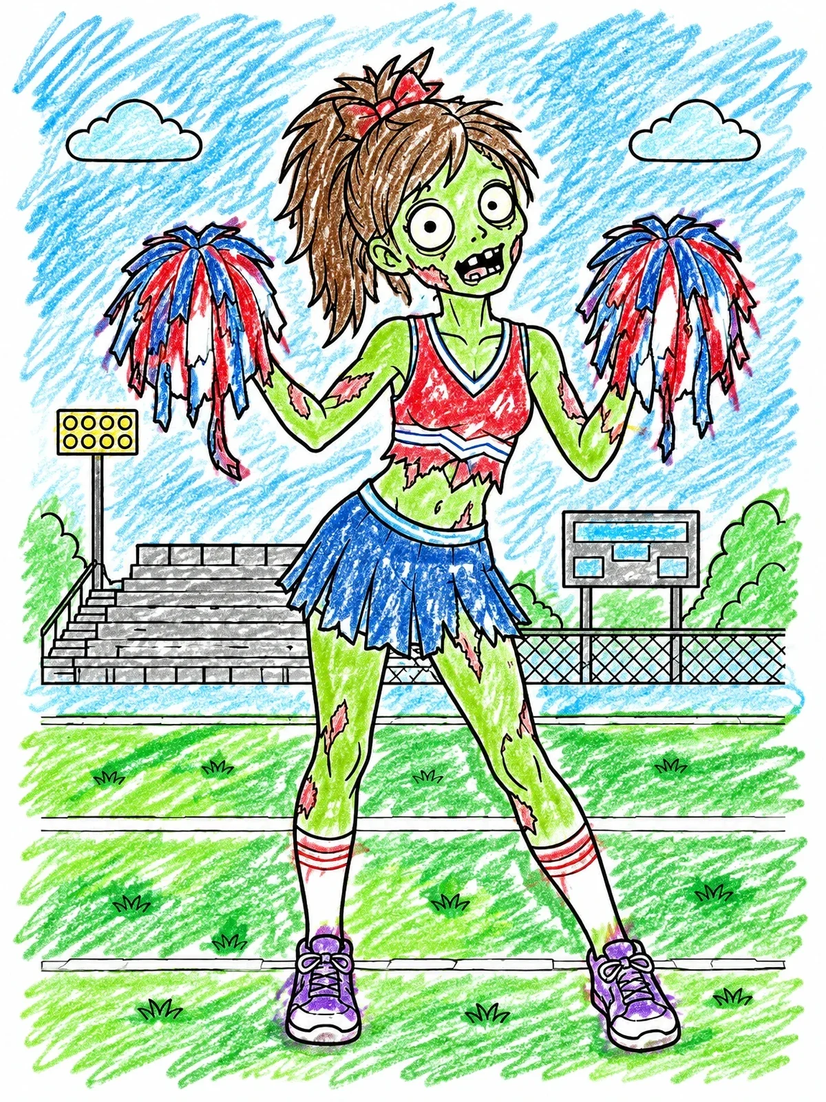 Colored example of the Cartoon Zombie Cheerleader With Pom Poms coloring page