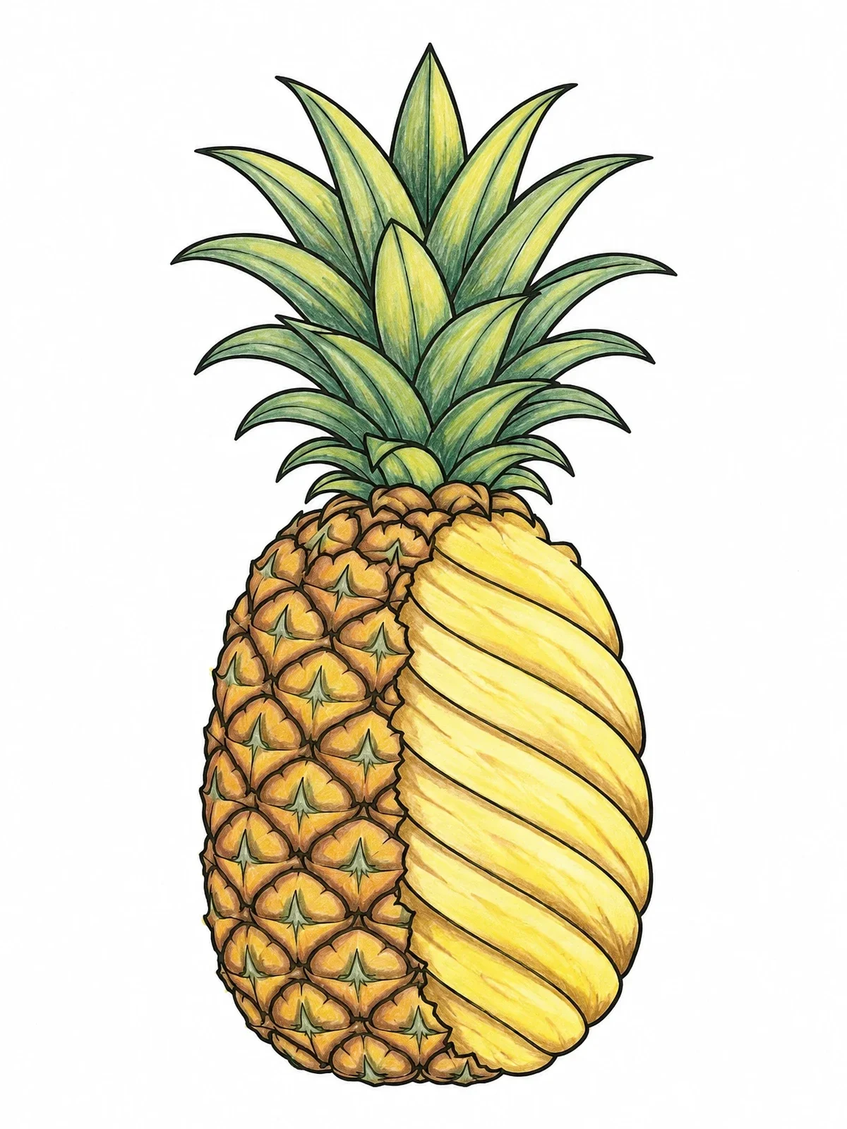 Colored example of the Carved Half Peeled Pineapple coloring page