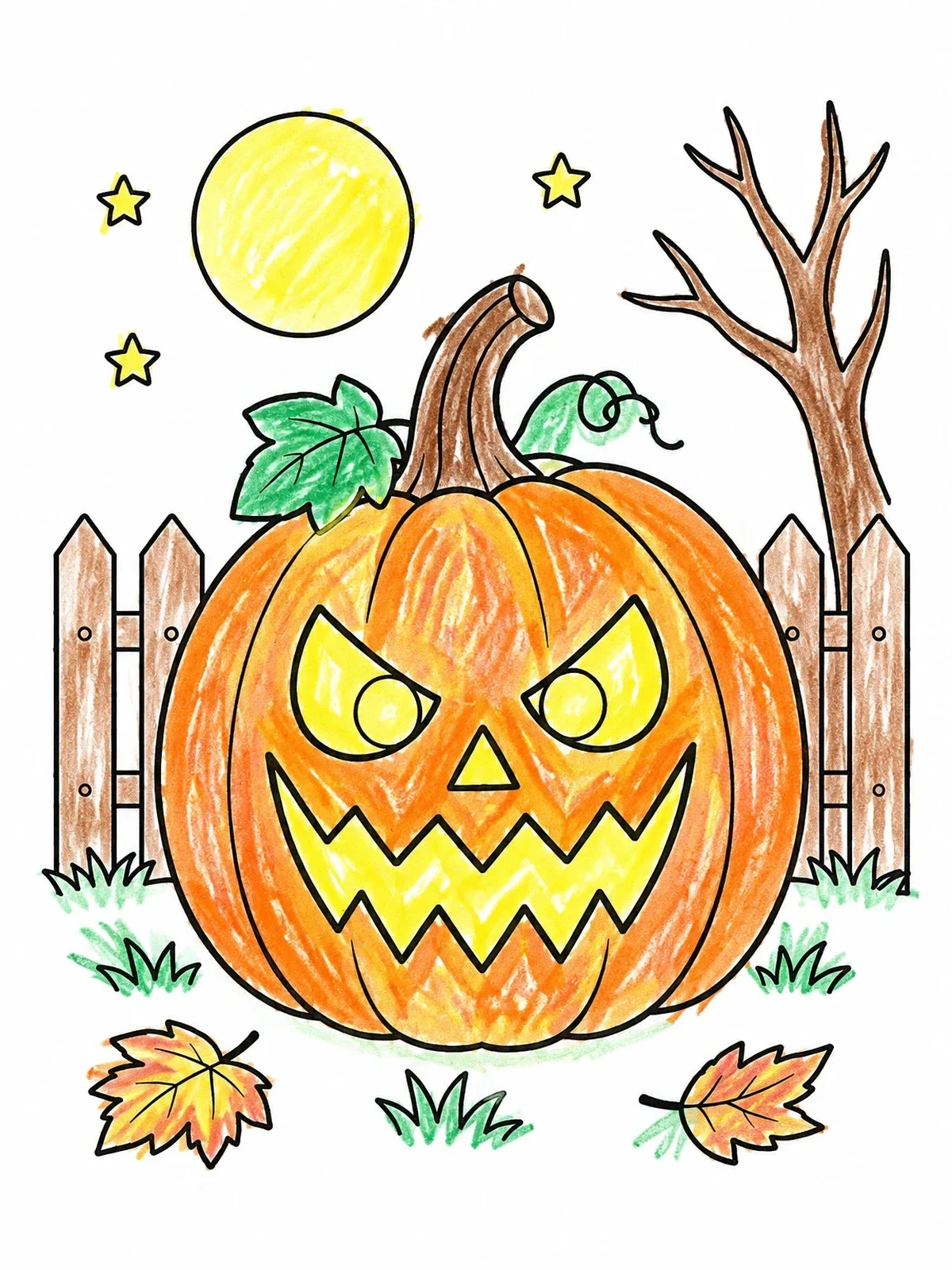 Colored example of the Carved Halloween Pumpkin By Moonlight coloring page