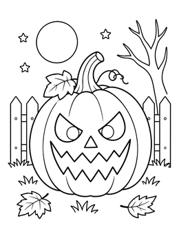 A carved Halloween pumpkin coloring page with a spooky face under a full moon and starry sky.