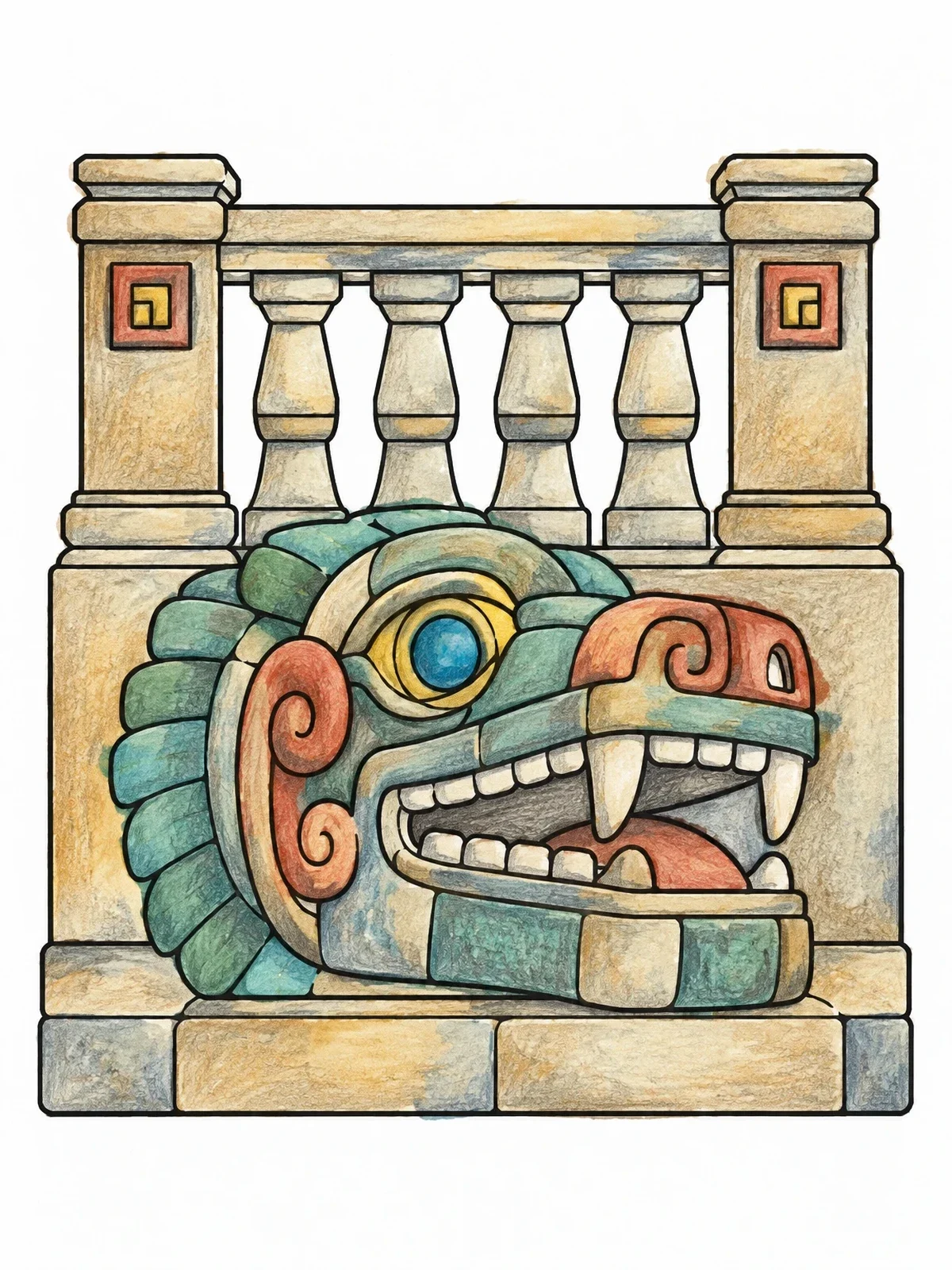 Colored example of the Carved Maya Feathered Serpent Head coloring page