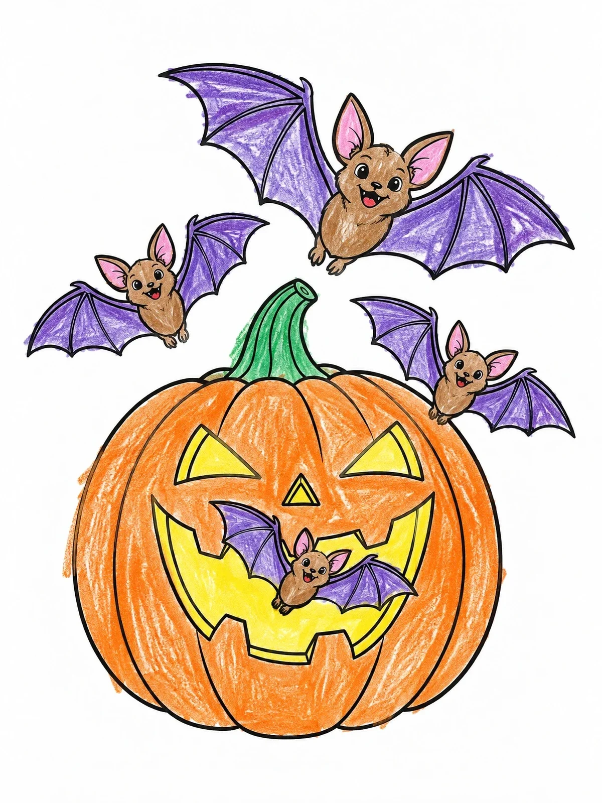 Colored example of the Carved Pumpkin And Flying Bats coloring page