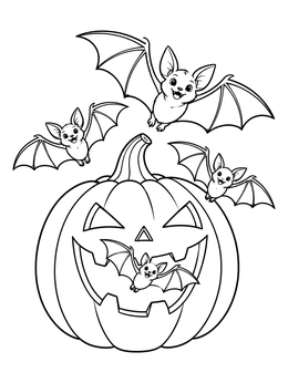 A cheerful jack-o'-lantern with cute bats on this pumpkin coloring page.