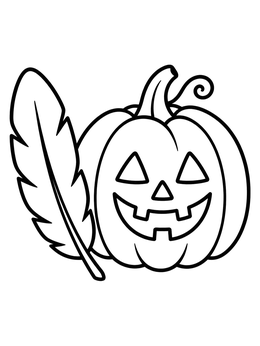 A smiling carved pumpkin beside a large plume in this feather coloring page.