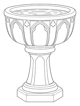 An ornate baptism coloring page featuring a carved stone font filled with water.