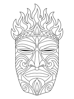 A decorative tiki coloring page featuring a carved mask crowned with stylized flames.