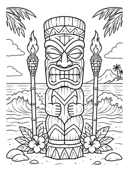 A detailed tiki coloring page showing a carved wooden statue with torches and ocean waves on a beach.