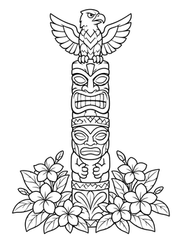 Detailed tiki coloring page featuring a tall carved wooden totem pole crowned by an eagle and plumeria blossoms.