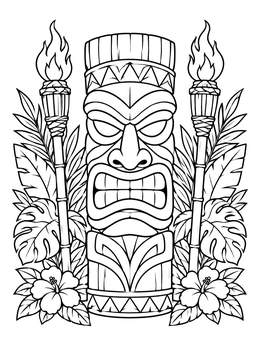 A detailed tiki coloring page featuring a carved wooden face, flaming bamboo torches, and tropical leaves.