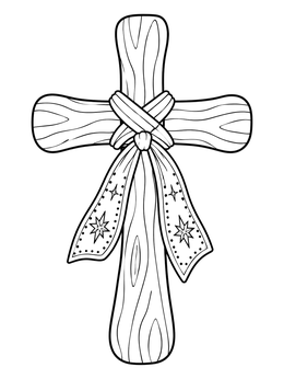 Carved wooden hand cross tied with a festive ribbon on this epiphany coloring page.
