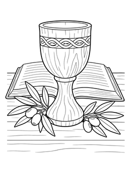 A carved chalice with an open book and olive branches in a unity coloring page.