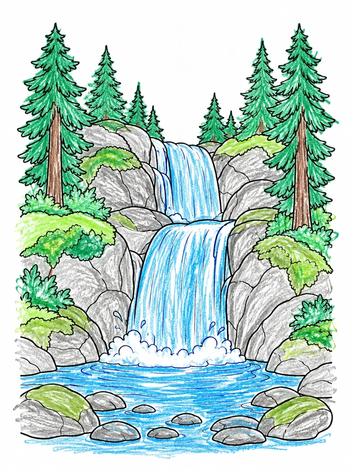 Colored example of the Cascading Waterfall In Pine Forest coloring page
