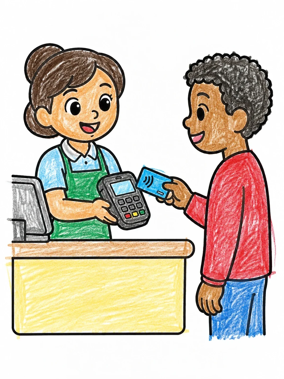 Colored example of the Store Cashier And Customer Card Payment coloring page