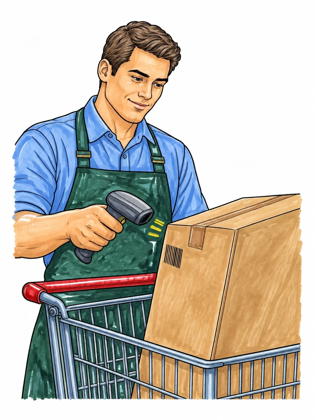 Colored example of the Store Cashier Scanning A Large Box coloring page