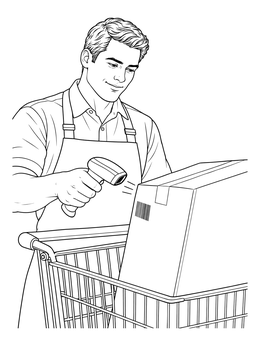 A friendly cashier coloring page featuring a store clerk scanning a large package inside a shopping cart.