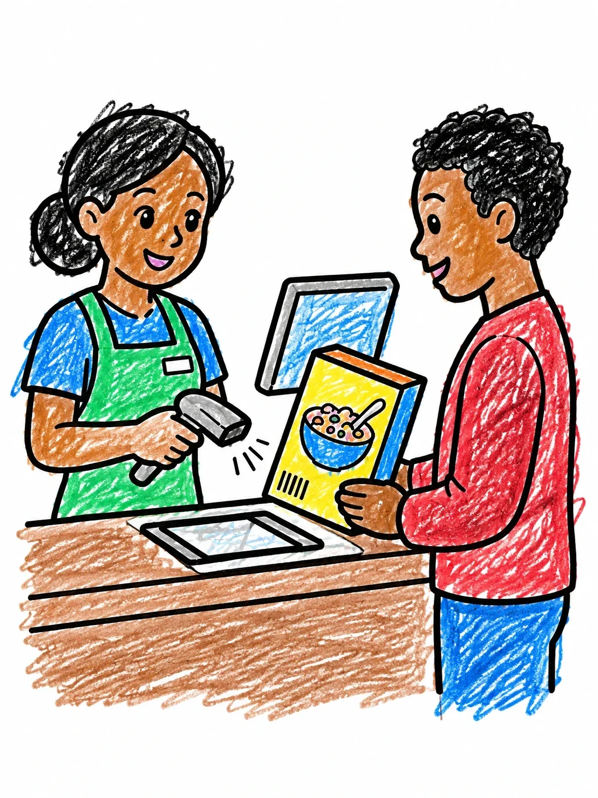 Colored example of the Store Cashier Scanning Cereal Box coloring page