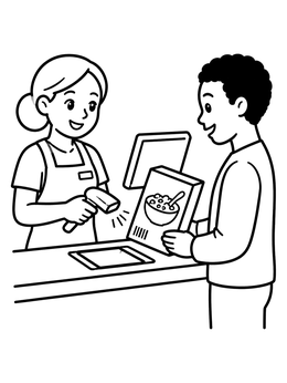 Free printable Store Cashier Scanning Cereal Box coloring page