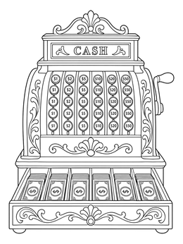 A vintage mechanical cash register with money drawer in this cashier coloring page.