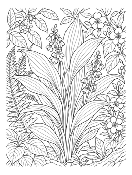 Detailed plant coloring page featuring a cast iron plant surrounded by blossoms and ferns.