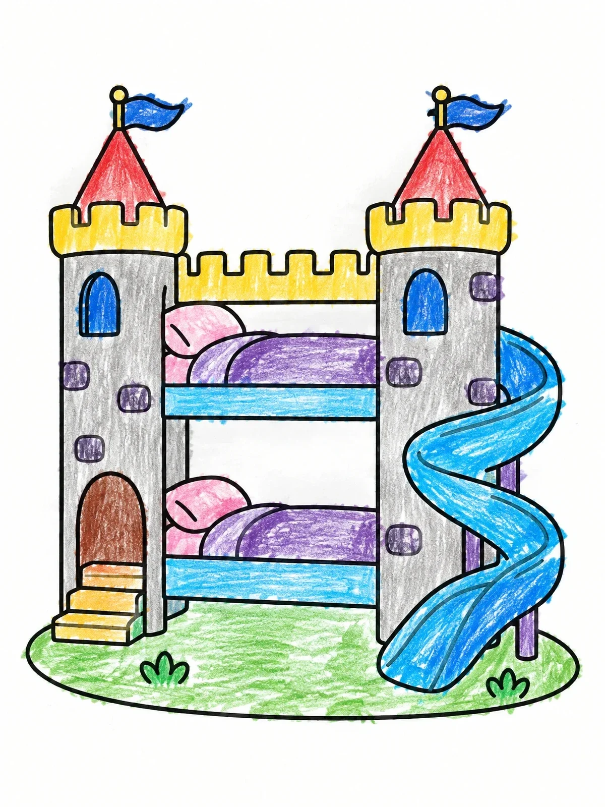 Colored example of the Castle Bunk Bed With Slide coloring page