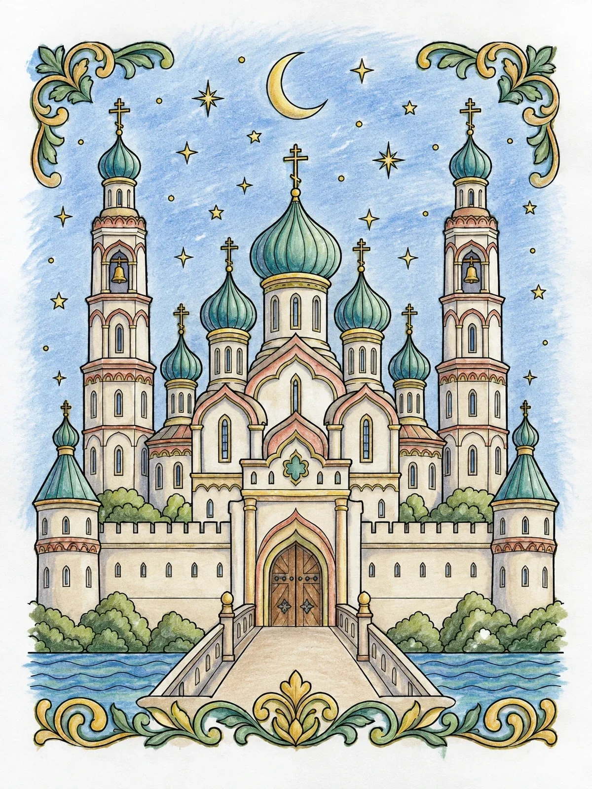 Colored example of the Fairytale Fortress Under The Moon coloring page