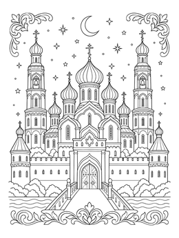 An ornate castle coloring page with onion domes, towers, and a crescent moon in a starry night sky.