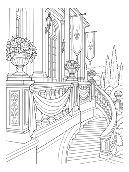 An ornate terrace with banners and curved stairs in this castle coloring page.