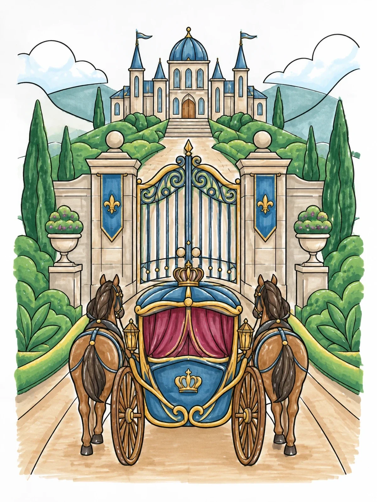 Colored example of the Royal Carriage Approaching Hilltop Palace coloring page