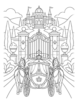 An ornate horse carriage heads toward grand gates in this castle coloring page.