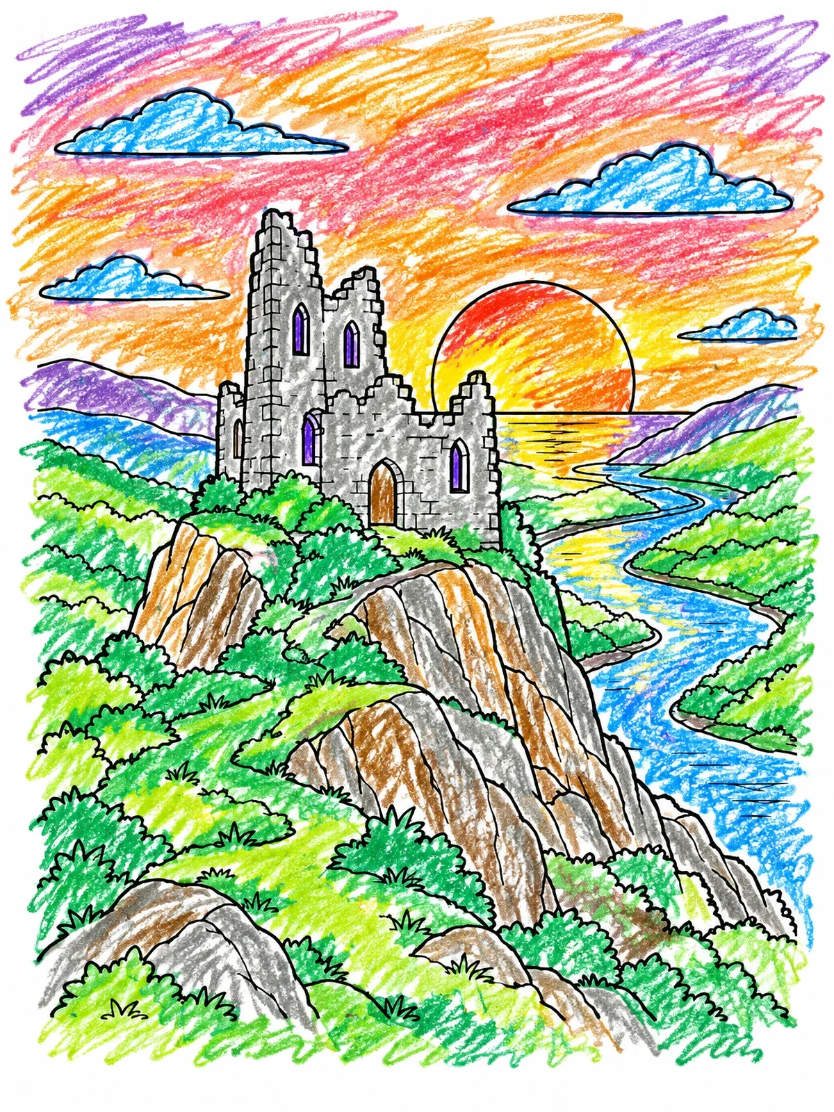 Colored example of the Castle Ruins At Sunset River Valley coloring page