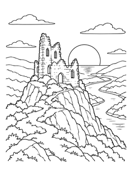 Free printable Castle Ruins At Sunset River Valley coloring page